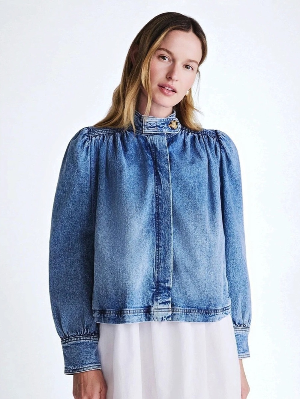 Treasure & Bond Gathered High Neck Denim Jacket Blue